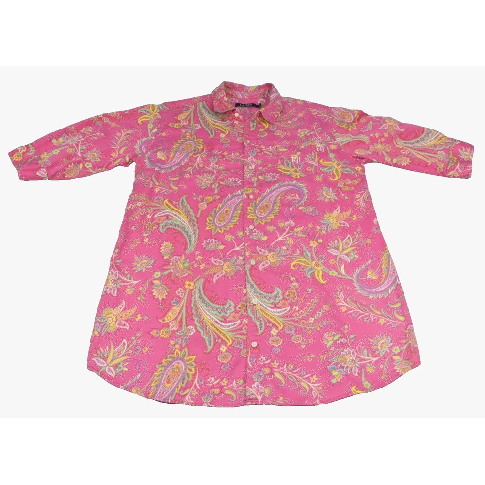 Lauren by Ralph Lauren Women's Sleep Shirt Size L Pink Paisley Button Down
